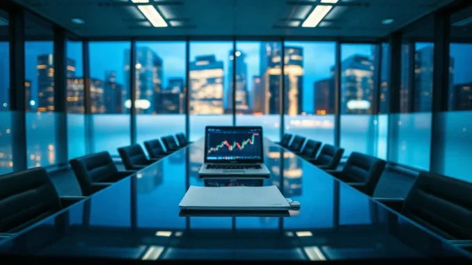 Empty London bank boardroom at dusk with a deal folder and laptop on a glass table