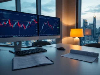 Bank research desk with price charts on monitors and a printed report at dusk