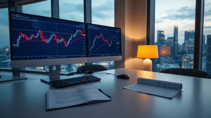 Bank research desk with price charts on monitors and a printed report at dusk