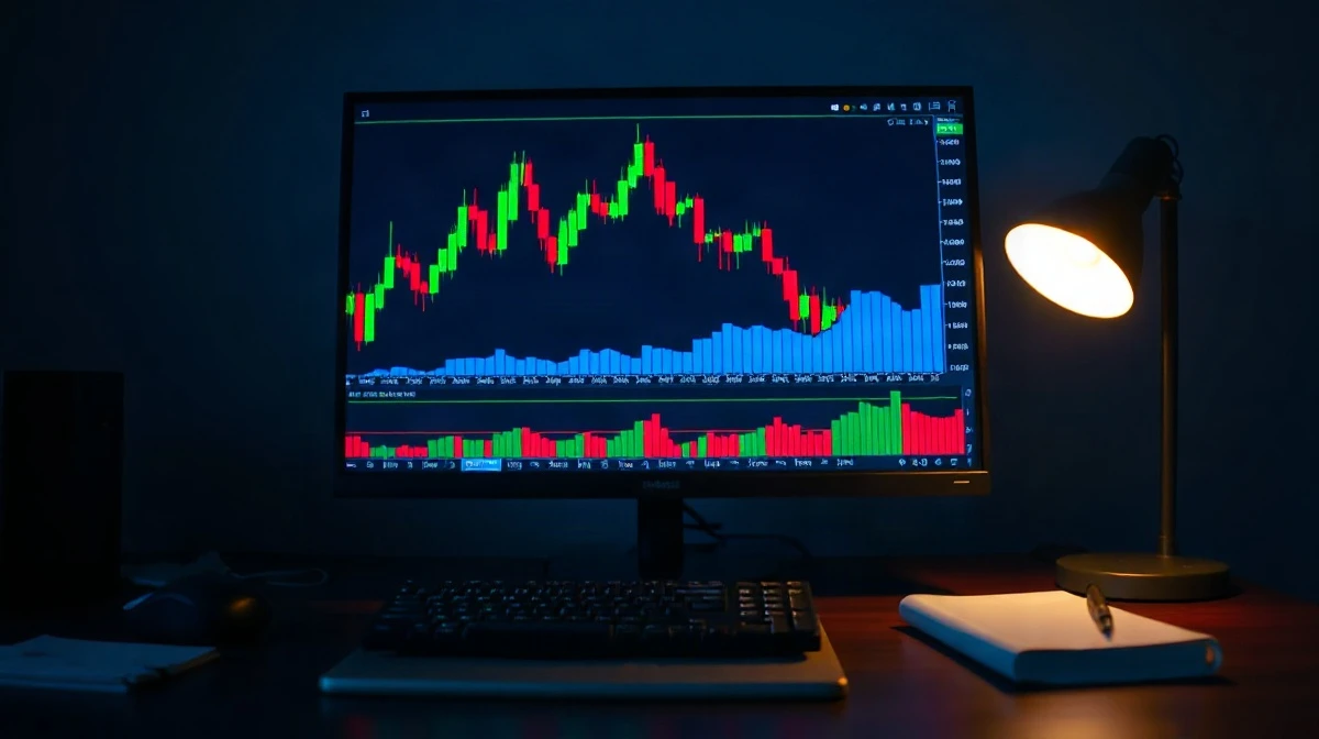 Trading monitor showing green and red crypto candlestick charts on a desk at dusk