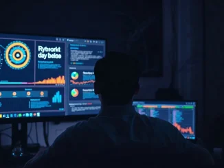 Developer at a dimly lit workstation facing screens showing cryptographic key diagrams