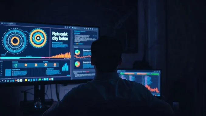 Developer at a dimly lit workstation facing screens showing cryptographic key diagrams