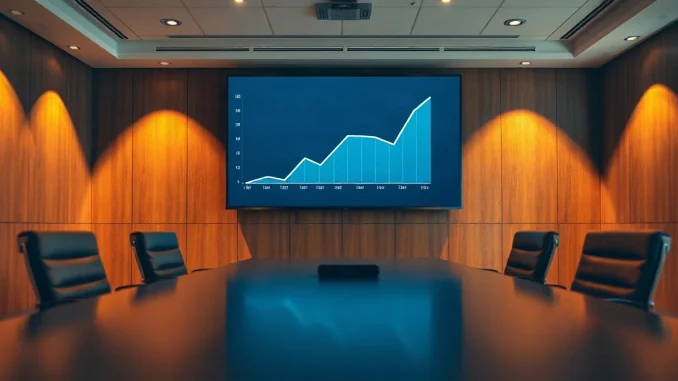 Boardroom screen showing a rising chart during a corporate earnings call