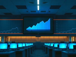 Corporate trading floor with a wall screen showing a rising chart