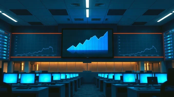 Corporate trading floor with a wall screen showing a rising chart