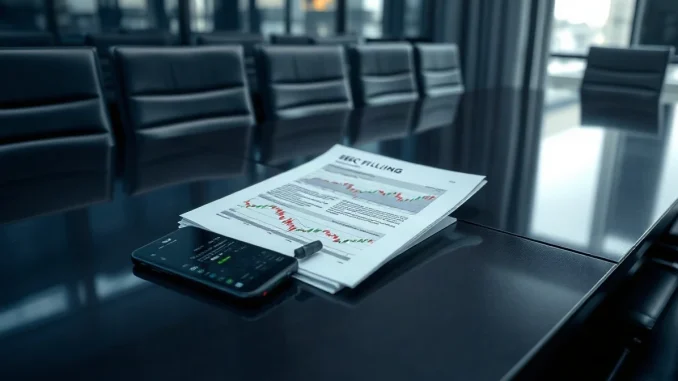 SEC filing document on a boardroom table beside a phone showing a stock chart, representing Strategy's STRC dividend plan.