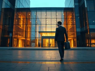 Executive walking toward a glass office tower at dusk, illustrating a Bitcoin treasury company's buying spree