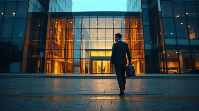 Executive walking toward a glass office tower at dusk, illustrating a Bitcoin treasury company's buying spree