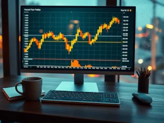 Dark desk with a monitor showing a declining crypto price chart at dusk