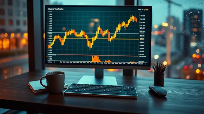 Dark desk with a monitor showing a declining crypto price chart at dusk