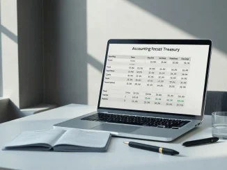 Corporate treasury desk with balance sheet, accounting booklet and pen in soft daylight