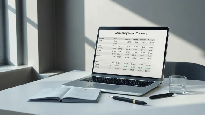 Corporate treasury desk with balance sheet, accounting booklet and pen in soft daylight