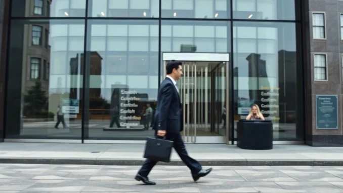 Exterior of a modern New York office building with a blurred suited figure walking past the entrance