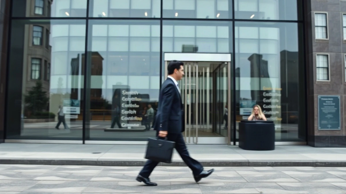 Exterior of a modern New York office building with a blurred suited figure walking past the entrance