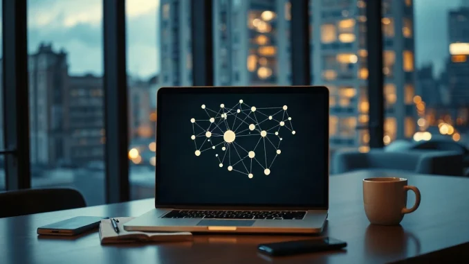 Laptop showing a network diagram in a modern dusk-lit office workspace