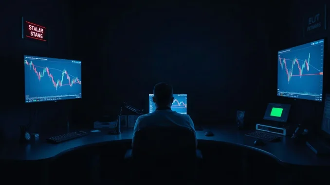 Analyst monitoring blockchain network dashboards in a dark crypto operations room