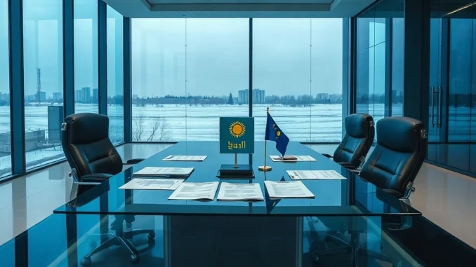 Conference table inside Kazakhstan's central bank where Tether signed an MoU on a tenge stablecoin study
