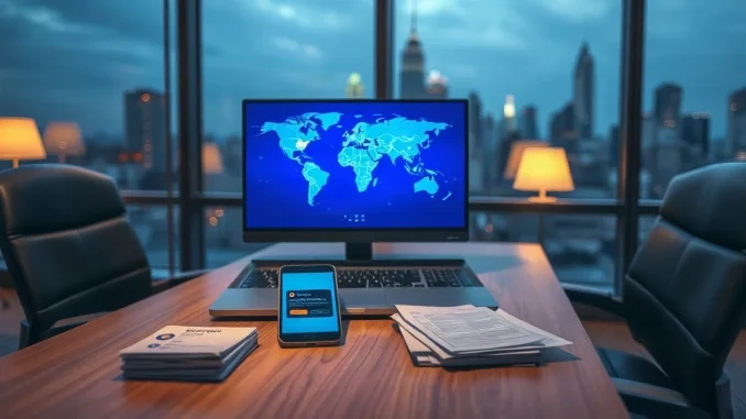 Laptop and smartphone showing a cross-border stablecoin payment transfer in an office at dusk