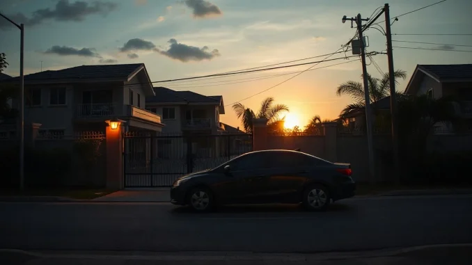 Gated luxury housing estate lane in Bangkok at dusk where a laundering suspect was arrested