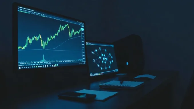 Trading monitor showing a green crypto price chart next to a blockchain network diagram in a dark room