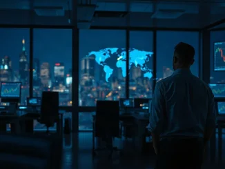 Trader at a dimly lit desk monitoring tokenized stock charts after Wall Street hours