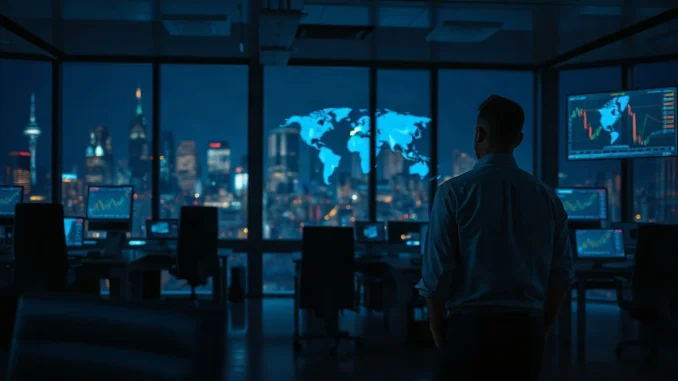 Trader at a dimly lit desk monitoring tokenized stock charts after Wall Street hours