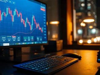 Trading monitor showing tokenized stock price charts next to a phone displaying a crypto wallet