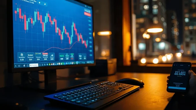 Trading monitor showing tokenized stock price charts next to a phone displaying a crypto wallet
