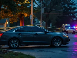 Dark sedan parked on a Toronto residential street at dusk with an open driver-side door and police tape nearby