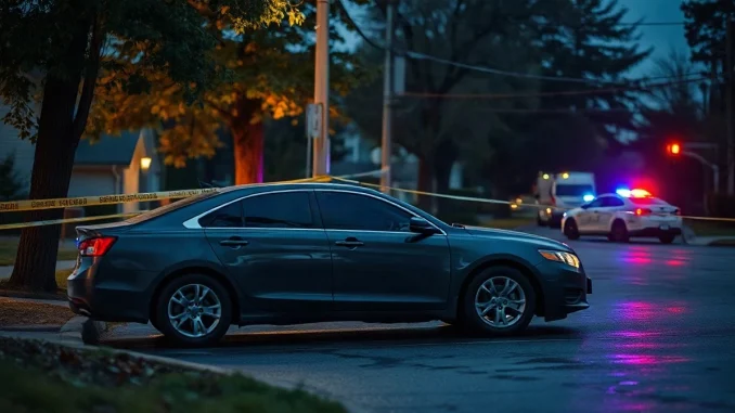 Dark sedan parked on a Toronto residential street at dusk with an open driver-side door and police tape nearby