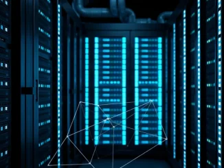 Illuminated server racks in a blockchain data centre representing Tron's post-quantum cryptography upgrade