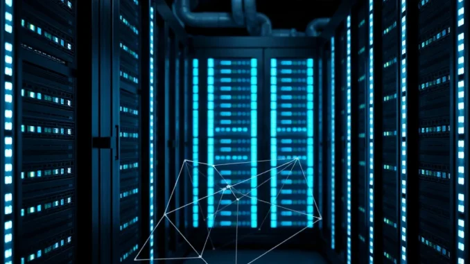 Illuminated server racks in a blockchain data centre representing Tron's post-quantum cryptography upgrade