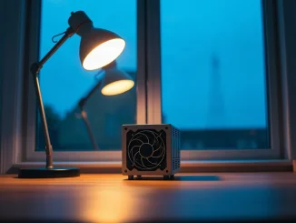 A single small bitcoin mining device on a desk in a home office, lit by a warm lamp