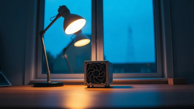 A single small bitcoin mining device on a desk in a home office, lit by a warm lamp
