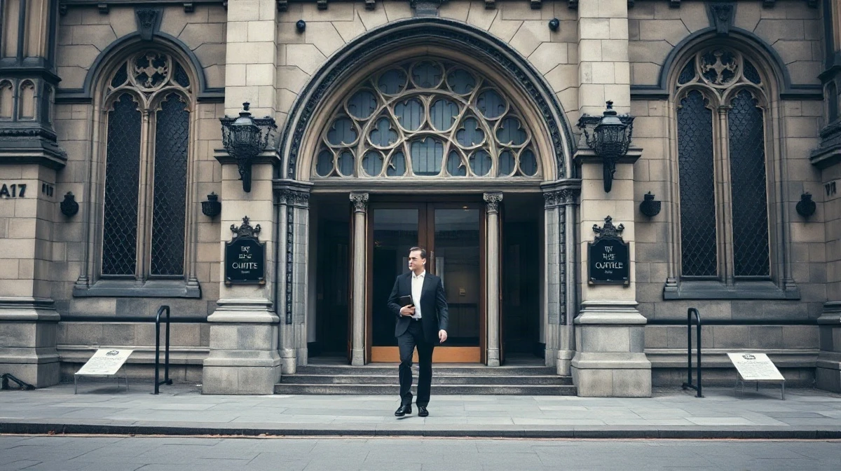 Barrister walking toward London's Royal Courts of Justice on an overcast day