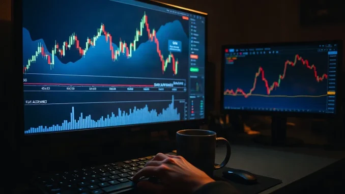 Trading monitor showing a flat crypto price chart beside a rising network activity graph