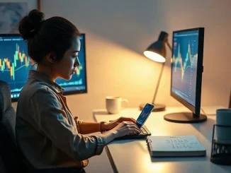 Crypto trader at a desk watching live market charts on two monitors in a dimly lit home office