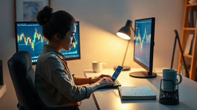 Crypto trader at a desk watching live market charts on two monitors in a dimly lit home office