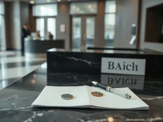 Bank counter with a token and legal documents in a Washington lobby