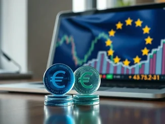 Blue and green glass stablecoin tokens on a trading desk with euro charts and an EU flag