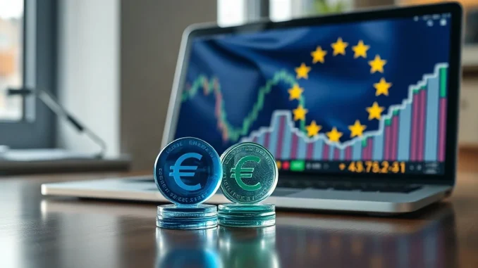Blue and green glass stablecoin tokens on a trading desk with euro charts and an EU flag