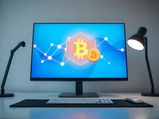 Crypto workstation at dusk showing a blockchain network graphic beside a gold stablecoin symbol