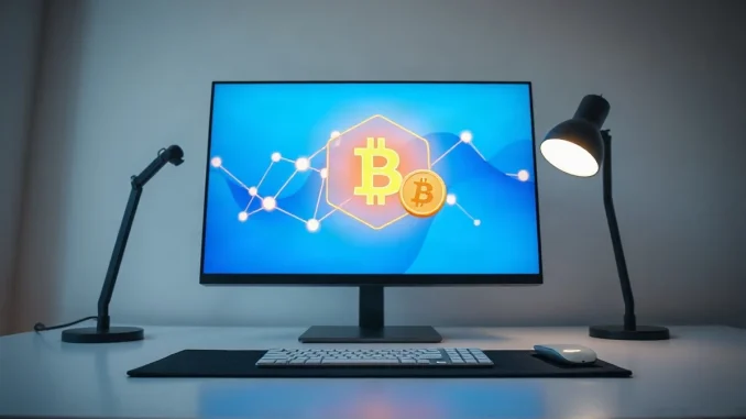Crypto workstation at dusk showing a blockchain network graphic beside a gold stablecoin symbol