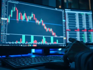 Trader watching a climbing candlestick chart with order book on a monitor at night