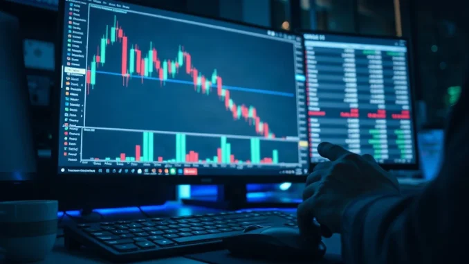Trader watching a climbing candlestick chart with order book on a monitor at night