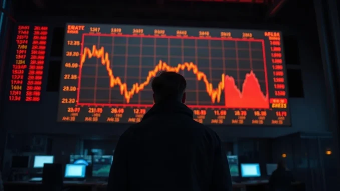 Traders watching a falling price chart on a wall-mounted screen in a dim trading room