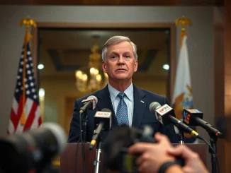 State official speaking at a podium with microphones during a press briefing on a lawsuit
