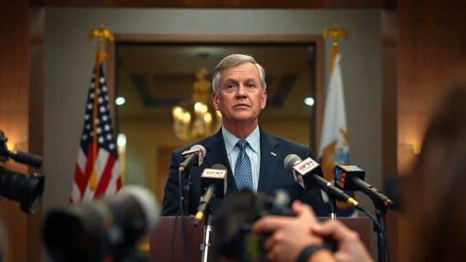 State official speaking at a podium with microphones during a press briefing on a lawsuit