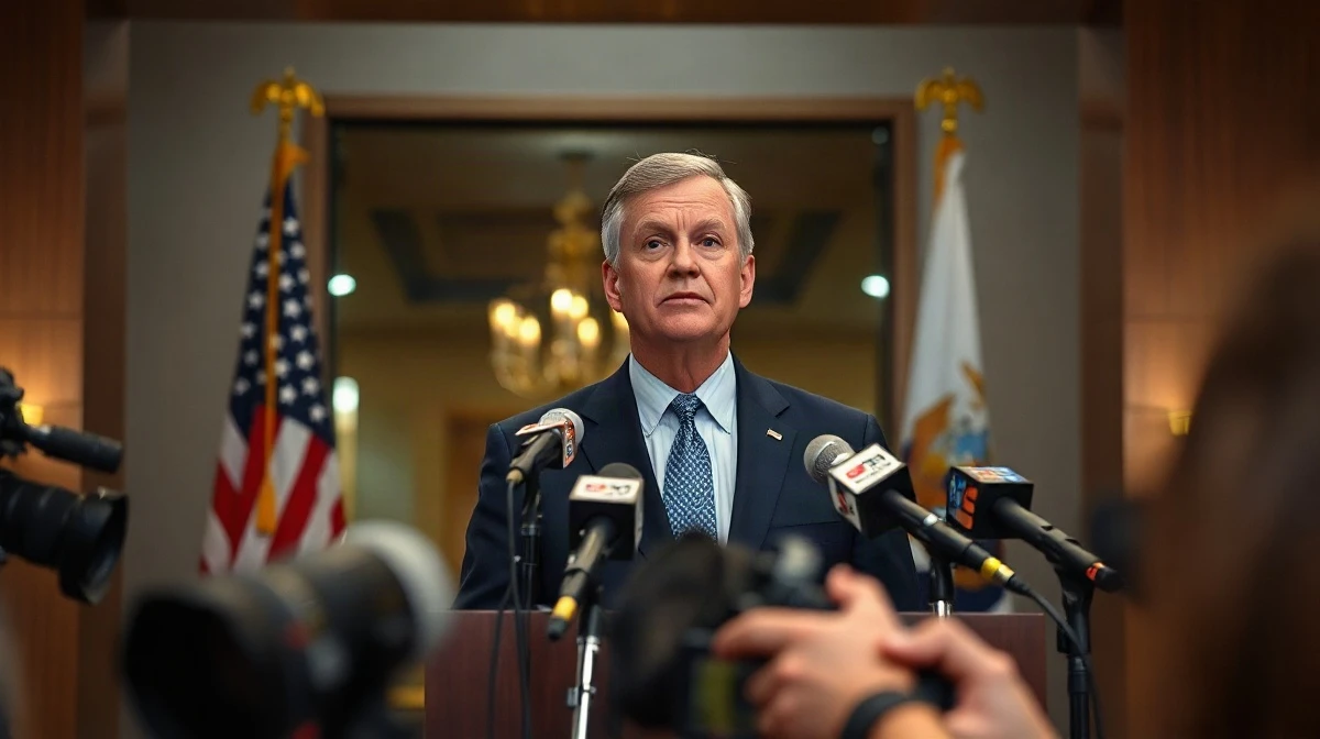 State official speaking at a podium with microphones during a press briefing on a lawsuit