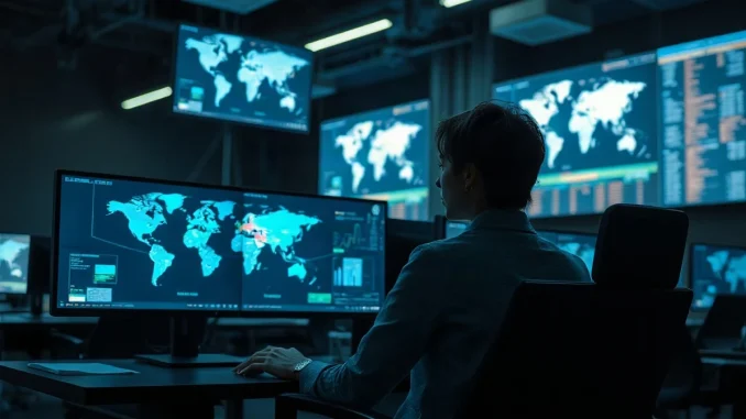 Analyst at night-time payments operations desk monitoring cross-border currency flow maps